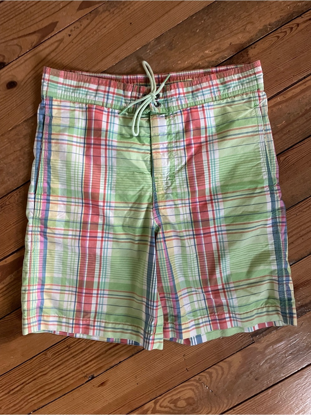 Ralph Lauren Green Plaid Swim Board Shorts with Red Stripe